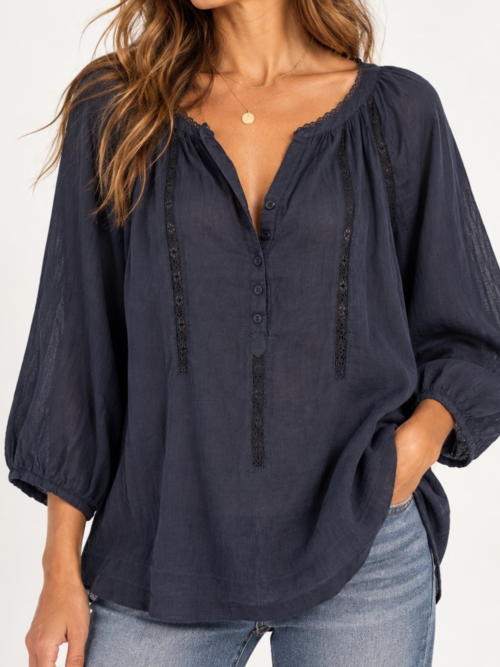 KC Khakis & Co. Navy 100 cotton Gauze Tunic peasant blouse M Made in India